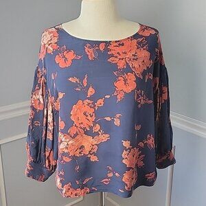 ODILLE | ANTHRO 100% Silk Night Phlox Blue Peach Floral Boho Puff Sleeve Top 4
